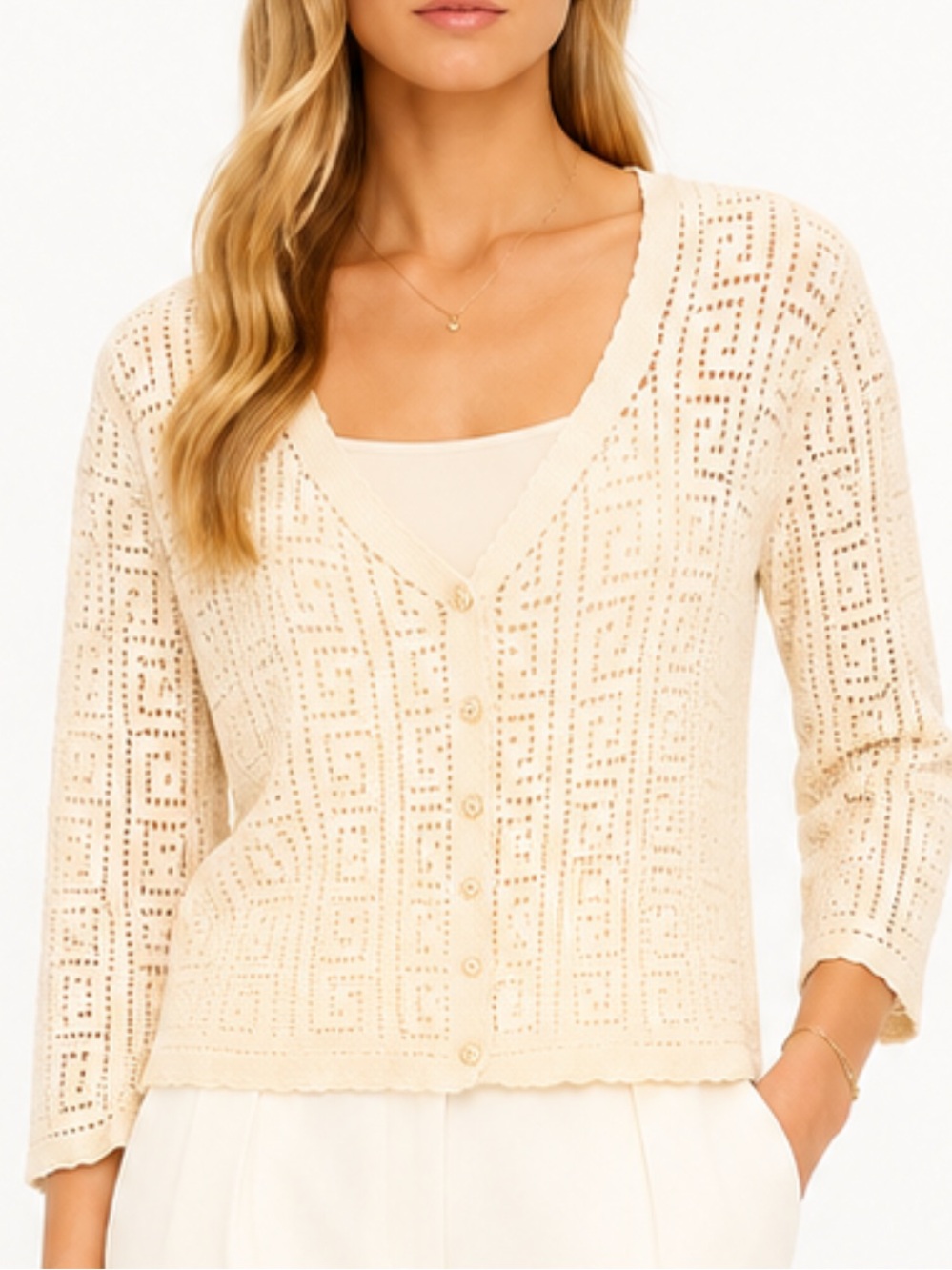 Vintage Handmade Crochet Cardigan Sweater Cream Open Knit Button Front Boho